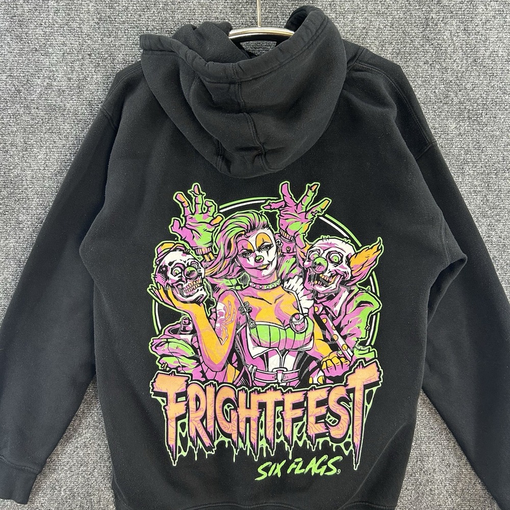 SIX FLAGS FRIGHT FEST TRICK TREAT Double Sided CLOWN HOODIE SIZE L Skull Neon